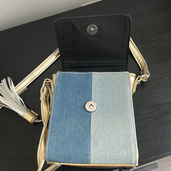 JOSEPH RIBKOFF Patchwork Denim & Metallic Gold Tassel Mini Crossbody Purse - Picture 10 of 15
